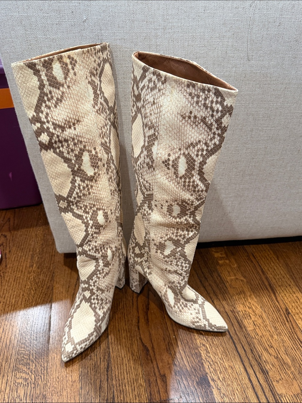 Paris Texas Snake-Print Knee-High Boots in Cream and Brown